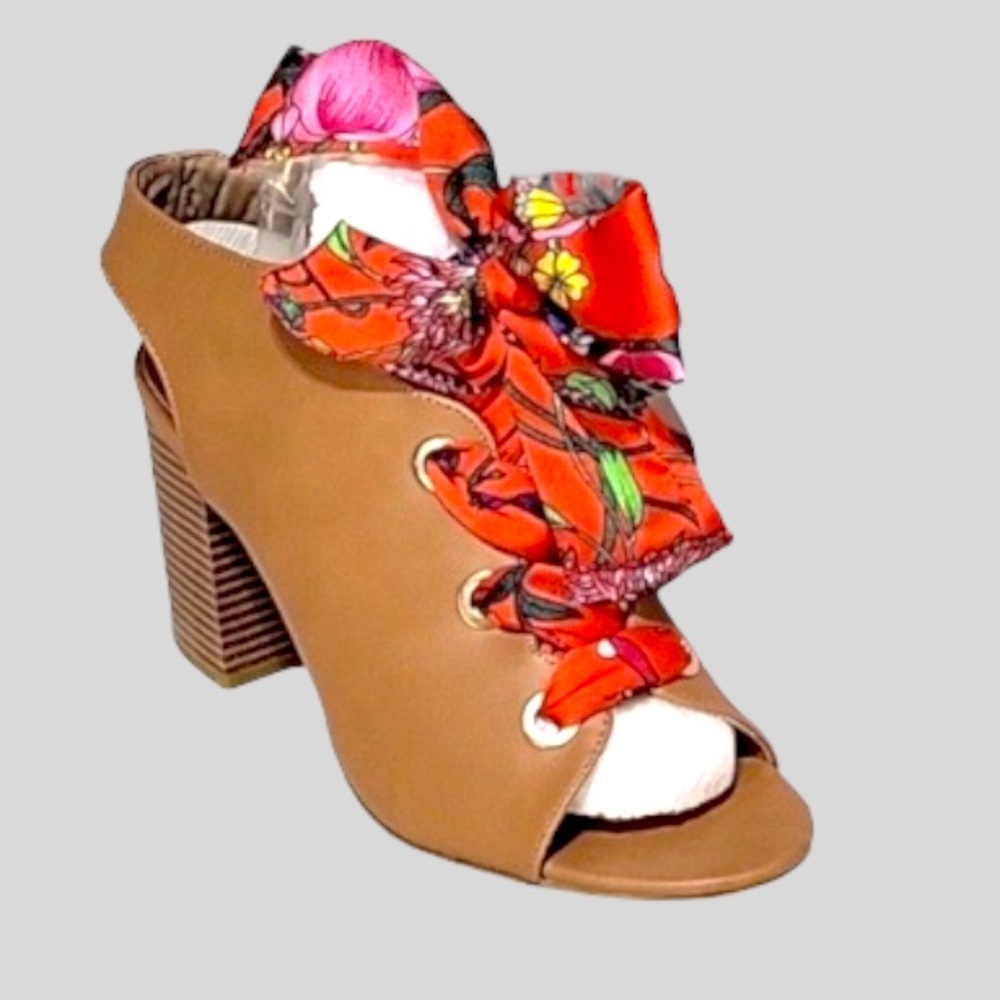 Sz 5.5 Tan Womens Bamboo heels sz 5.5 Scarf Ties - Picture 2 of 10